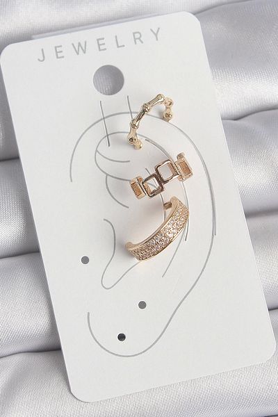 Clariss Brass Gold Color Square Model Zircon Stone 3 Piece Model Women's Cartilage Earrings