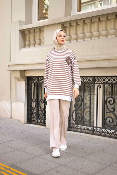 erk giyim Daisy Embroidered Striped 2 Thread Combed Cotton