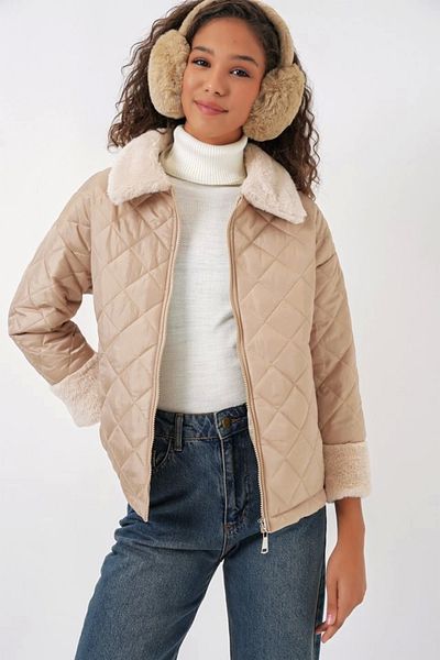Vogueway 5202 Plush Detailed Quilted Coat - Beige