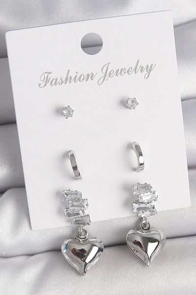 Clariss Brass Silver Color Zircon Stone Dangle Heart Model Half Ring Detail 3 Pair Women's Earring Set