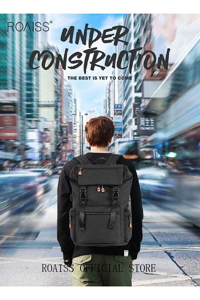 ROAISS Men's Large Capacity Double Shoulder Backpack PU Leather Retro Chic Handbag for School Travel Work O
