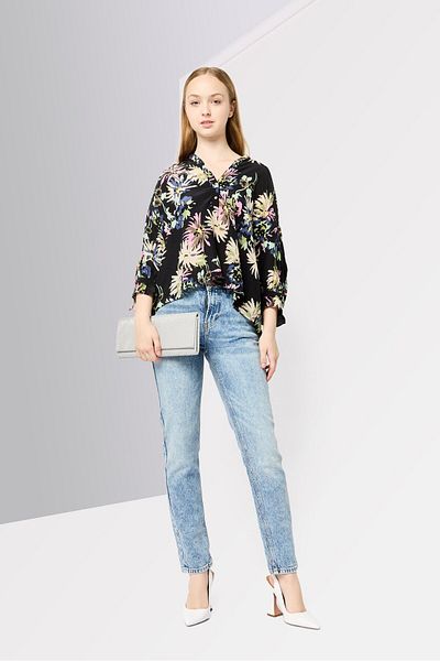 Scotch & Soda Women Band Collar 3/4 Sleeves Allover Print Blouse, Multicolor