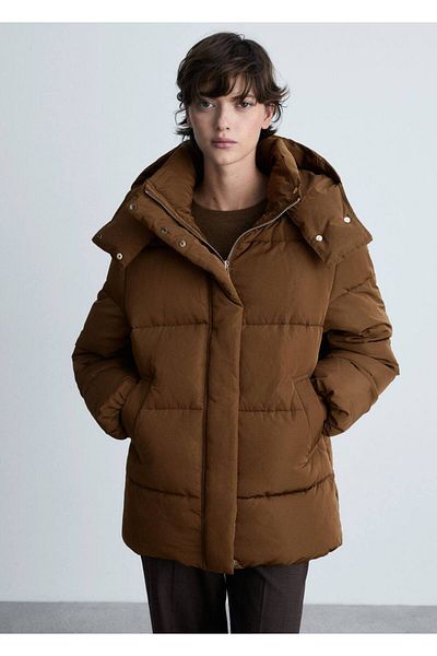 MANGO Woman Anorak midi matlasat cu glugă