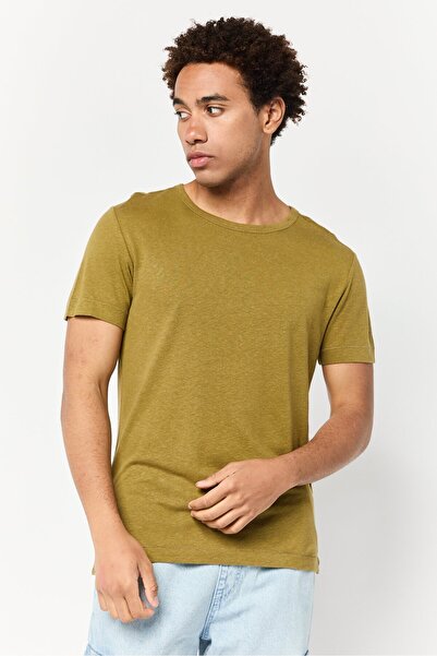 CELIO Men Crew Neck Short Sleeve Solid T Shirt, Khaki