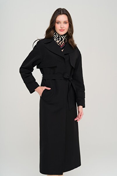 Olcay Unlined Oversize Trench Coat with Cape and Epaulettes Black 6696