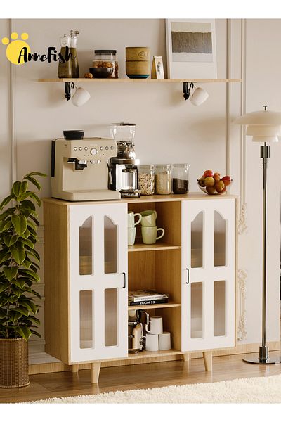 AnneFish Coffee Corner Cabinet Bar with Floating Shelves And Acrylic Door Kitchen Bakers Rack Display Cabinet