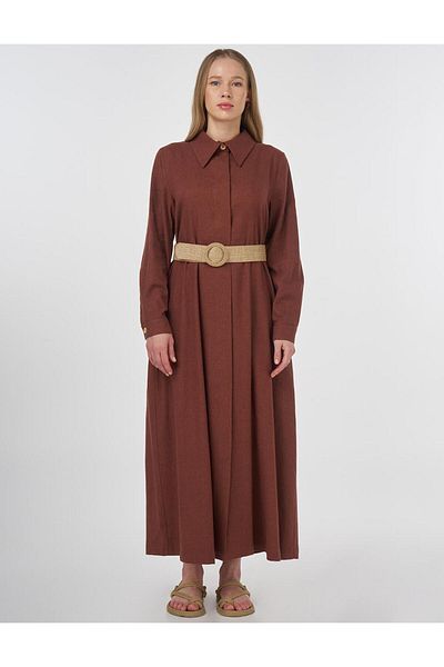 Kayra Straw Belt Detailed Linen Viscose Overcoat Brown