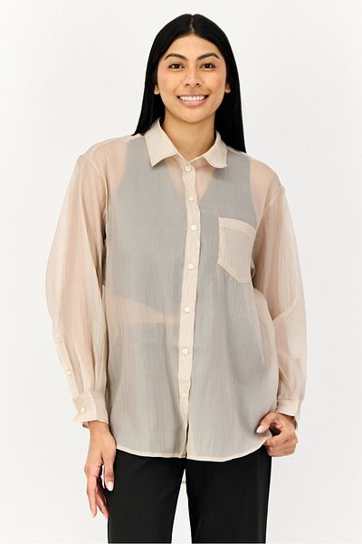 GAP Women Oversized Fit Spread Collar Long Sleeve Plain Shirt, Beige