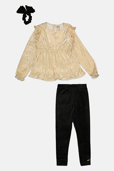 Dkny Kids Girl 3 Piece Textured Top And Legging Set With Scrunchie, Multicolor