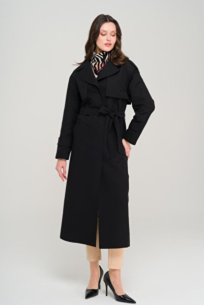 Olcay Unlined Oversize Trench Coat with Cape and Epaulettes Black 6696