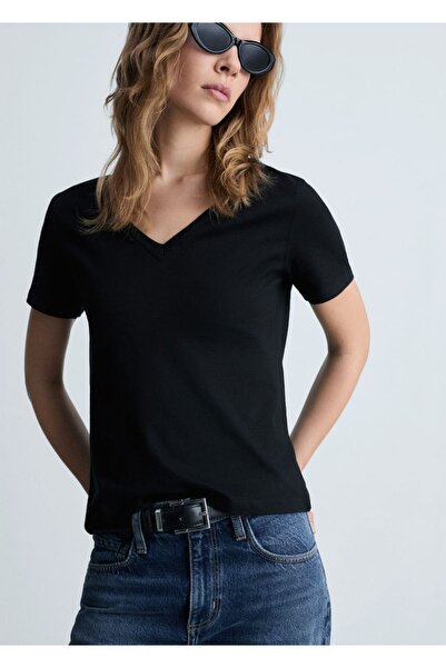 MANGO Woman V yakalı pamuklu tişört