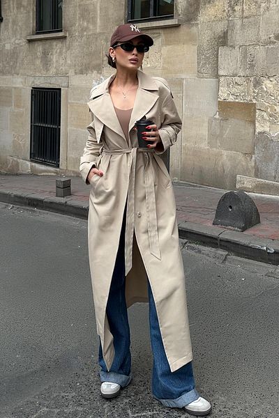 Olcay Ungefütterter, übergroßer Trenchcoat mit Cape und Epauletten BEIGE 6696