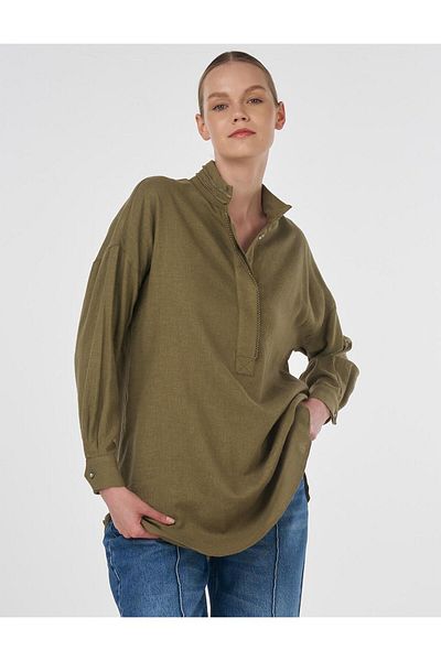 KYR Pearl Embroidered Linen Blended Tunic Khaki