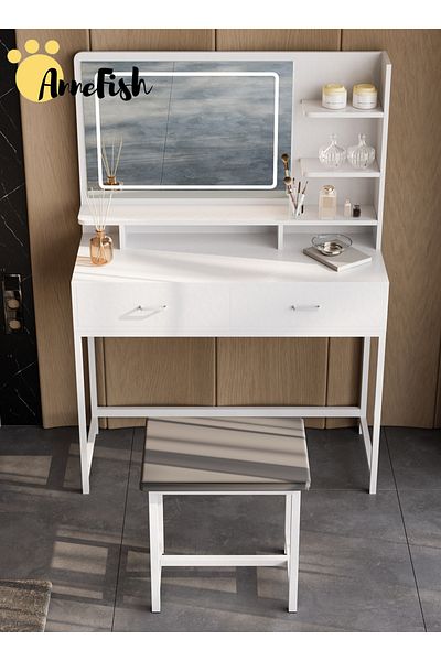 AnneFish Bedroom Dresser Stool Set LED Light Mirror Drawers Make Up Vanity Table 3 Levels Light Intensity USB