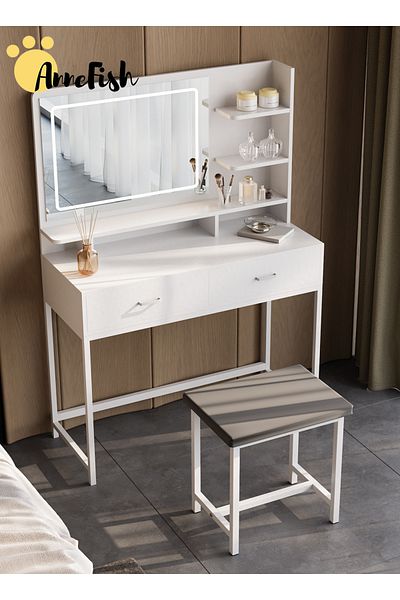 AnneFish Bedroom Dresser Stool Set LED Light Mirror Drawers Make Up Vanity Table 3 Levels Light Intensity USB
