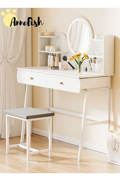 AnneFish Bedroom Dresser Stool Set LED Light Mirror Drawers Make Up Vanity Table 3 Levels Light Intensity USB