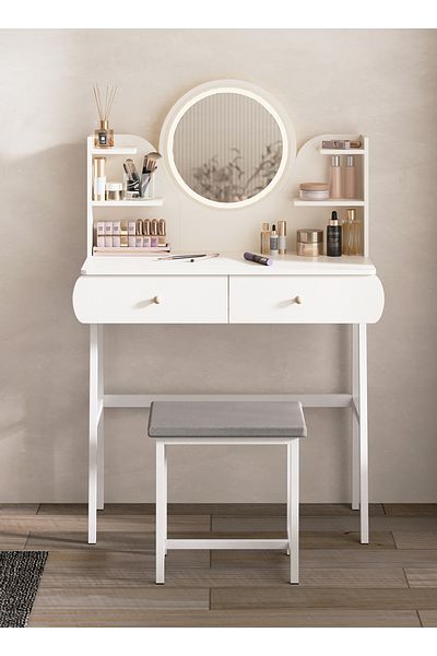 AnneFish Bedroom Dresser Stool Set LED Light Mirror Drawers Make Up Vanity Table 3 Levels Light Intensity USB