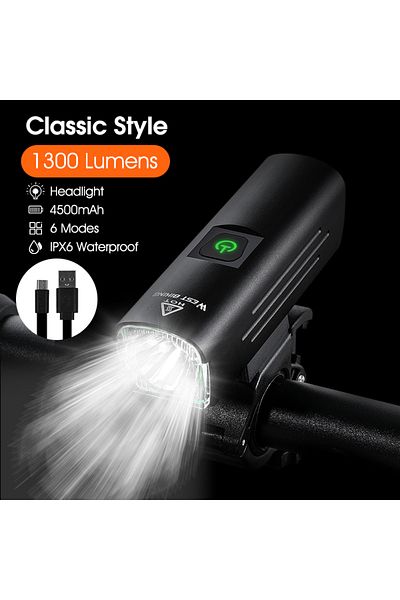 Choice Classic Front Light WEST BIKING Contest Level Bicycle Light 1300 Lumen USB Rechargeable Flashlight M