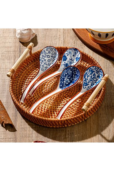 Choice 4PCS Red 4PCS Ceramic Soup Spoons Household Tableware Set Retro Chinese Style Style Blue and White P
