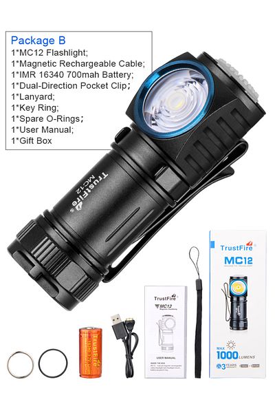 Choice 16340 Fixed Focus black without headband TrustFire MC12 EDC Powerful LED Flashlight 1000Lumens Magne