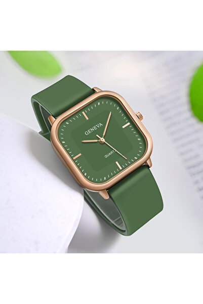 Choice ساعة كوارتز سيليكون مربعة أنيقة وبسيطة باللون الأخضر للنساء، هدية للرج...