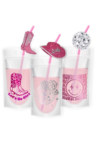 Choice أكياس مشروبات وردية اللون، 18 قطعة، مع شفاطات، أكياس مشروبات ملونة برس...