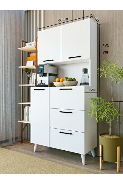 MONTENERO Çok Amaçlı Dolap Parlak Beyaz Kahve Köşesi 6 Kapaklı Mutfak Dolabı Fırın Raflı Dolap