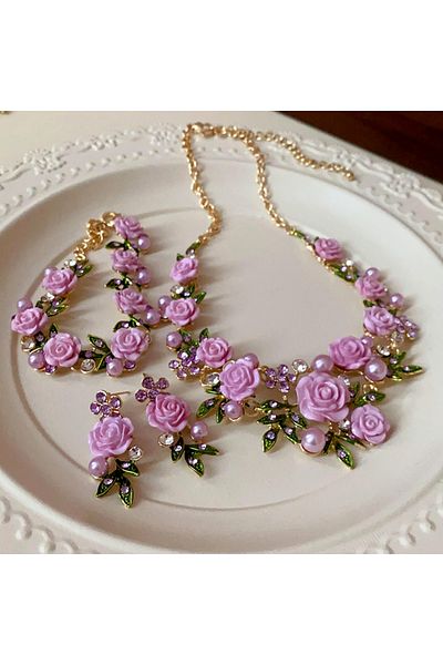 Choice 3 pcs set purple Romantic Rose Flower Necklace Bracelet Stud Earrings Jewelry Set Women's Fashion Pi