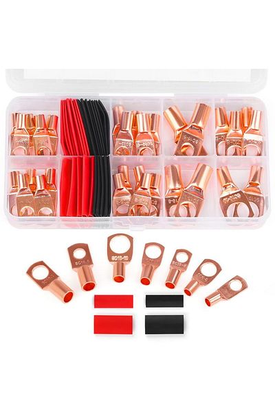 AOKIN 60pcs kit Copper Wire Lugs,Terminal Connectors,Used on AWG12 10 8 6 4 2 Cable,Heat Shrink Set,Bare C