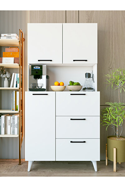 MONTENERO Çok Amaçlı Dolap Parlak Beyaz Kahve Köşesi 6 Kapaklı Mutfak Dolabı Fırın Raflı Dolap