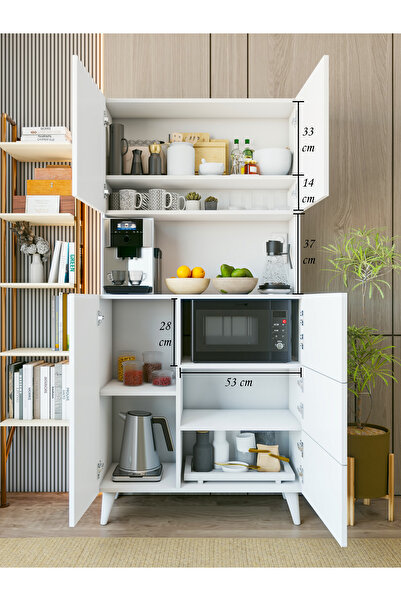 MONTENERO Çok Amaçlı Dolap Parlak Beyaz Kahve Köşesi 6 Kapaklı Mutfak Dolabı Fırın Raflı Dolap