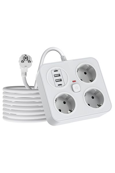 Choice 250V EU 3 white European plug extension cord power strip with 3AC+2USB-A+2USB-C with switch multi-co