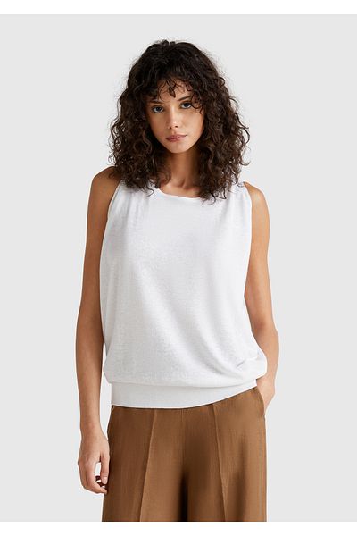 United Colors of Benetton Women's White Linen Blended Off-Shoulder Knitwear Sweater