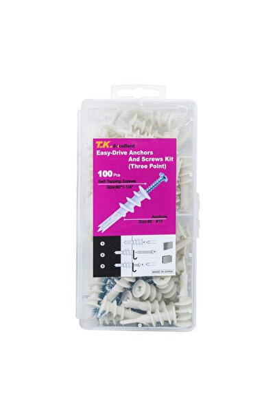 T.K.EXCELLENT 34mm M4.2 100Pcs Drywall Nylon Ribbed Anchor with Self Tapping Screws Wall Nylon Drywall Bolt Plaste