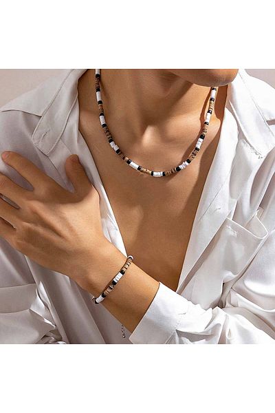 Choice brown color KunJoe 2pcs/set Vintage Natural Soft Clay Beads Bracelet Necklace for Men African Surf