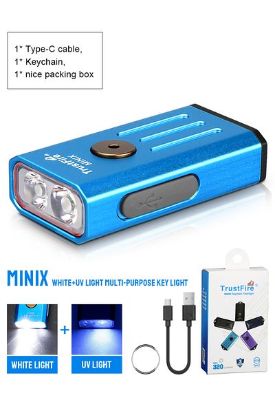 Choice Li-polymer Battery skyblue wihte and UV Trustfire Minix Mini EDC Flashlight Keychain 320LM 365nm Uv