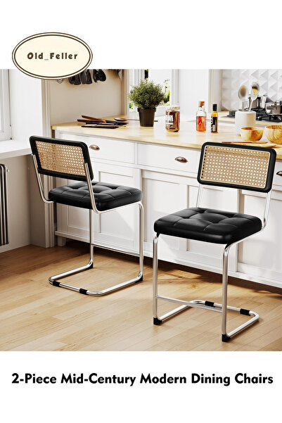 Old_Feller 2-piece Vintage Rattan Dining Chairs: Mid-century Faux Leather Upholstered, Cane Back & Chrome Legs