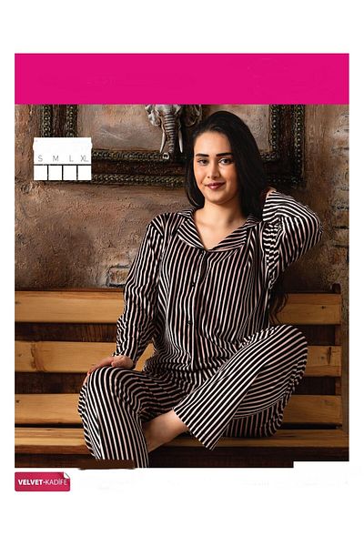Sude Women's Winter Shirt Collar Velvet Striped Pajamas Set P200/839 - 1 Piece