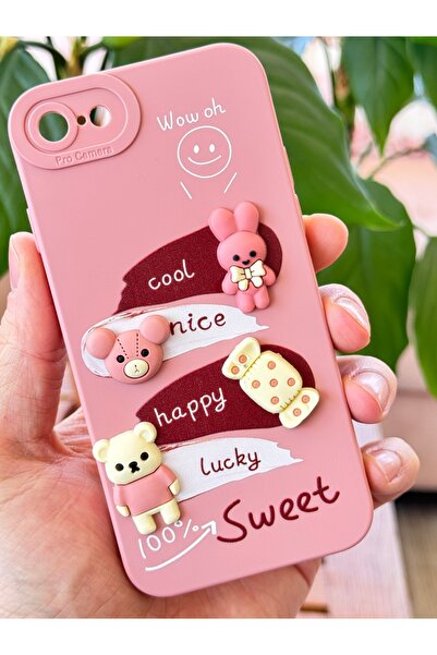 Fibaks Apple iPhone 16E Compatible Case Pink Rabbit Design Patterned Camera Protection Soft Silicone Cover