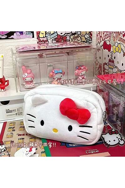 Takara Tomy White KT pencil case New Hello Kitty Plush Storage Bag Sanrio Makeup Bag Pencil Case Cartoon Student