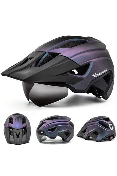 Choice PurpleBlack VICTGOAL LED Bike Helmet With Sun Goggle Visor Rechargeable LED Men Bicycle Helmet Sungl