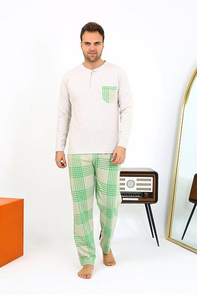 Celira Men's Long Sleeve Combed Cotton Cream Pajama Set 6861