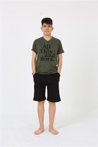 Celira Men's Young Waiter Boy Short Sleeve Khaki Combed Cotton Shorts Pajama Set 20377