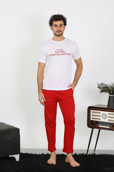 Celira Men's Short Sleeve Combed Cotton White Pajama Set 6846