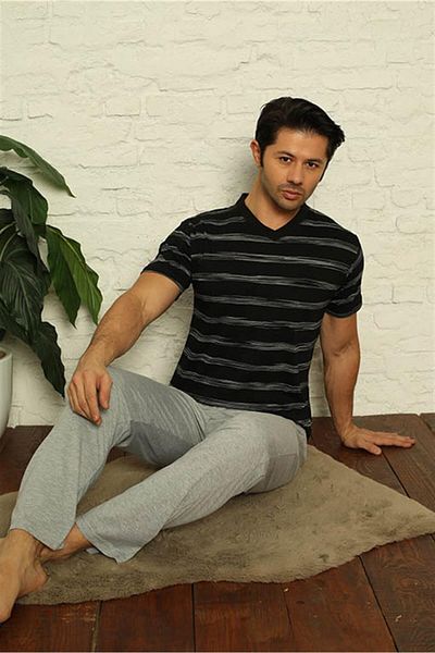 Celira Men's Black V-Neck 3-Piece Pajama Set 6822