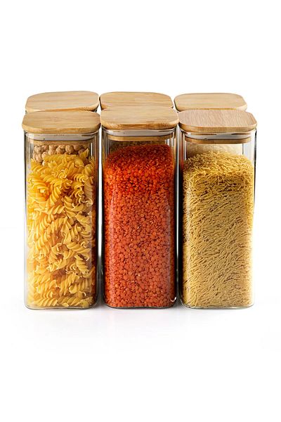 Lizzy 6-Piece 800 Ml Square Bamboo Lid Luxury Vacuum Spice Jar