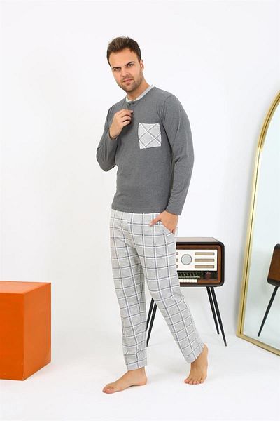 Celira Men's Long Sleeve Combed Cotton Anthracite Pajama Set 6861
