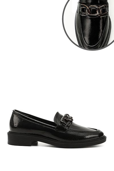 GÖNDERİ(R) Women / Girls Black Patent Leather Buckle Loafer Shoes