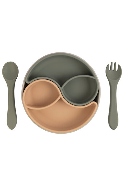 Babies Basic Silicone Feeding Set , with Silicone Plate, Spoon and Fork - Cream