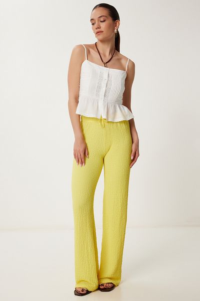 Lovelyİstanbul Textured Wide Leg Summer Knitted Trousers Yellow Lzv0009
